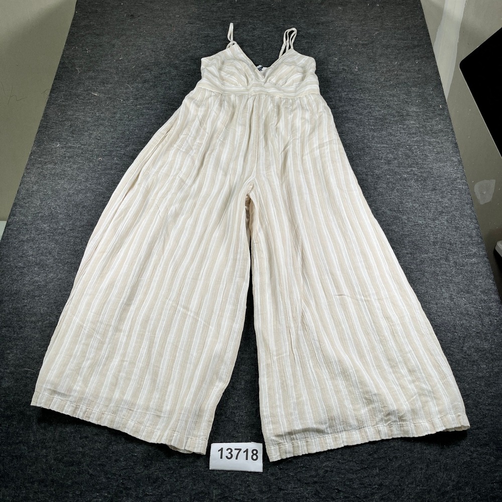 American Eagle Jumpsuit Womens L Beige Excellent Striped Wide Leg Cotton Blend